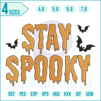 "Halloween Stay Spooky embroidery design with festive text, machine embroidery pattern for shirts, bags, pillows, and seasonal décor"