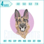 Realistic German Shepherd embroidery design featuring a detailed dog face, perfect for decorating clothing, bags, and home decor projects.