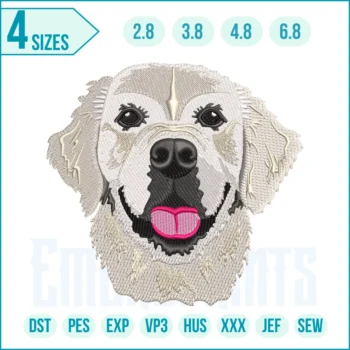 Golden Retriever embroidery design featuring a friendly and detailed dog face, perfect for decorating clothes, bags, pillows, and home decor items.